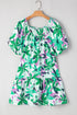 Green Floral Print Shirred Square Neck Loose Fit Mini Dress